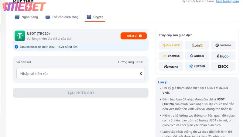 Hướng dẫn chi tiết rút tiền Mebet qua tiền ảo