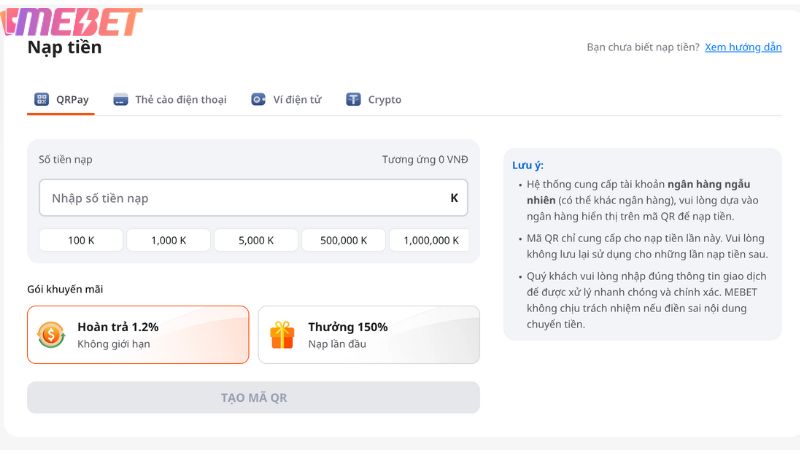 Hướng dẫn nạp tiền Mebet qua tài khoản ngân hàng