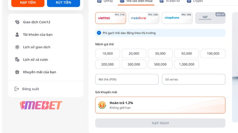 Hướng dẫn chi tiết nạp tiền Mebet qua thẻ cào