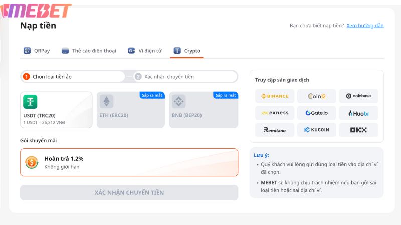 Chi tiết nạp tiền Mebet qua tiền ảo