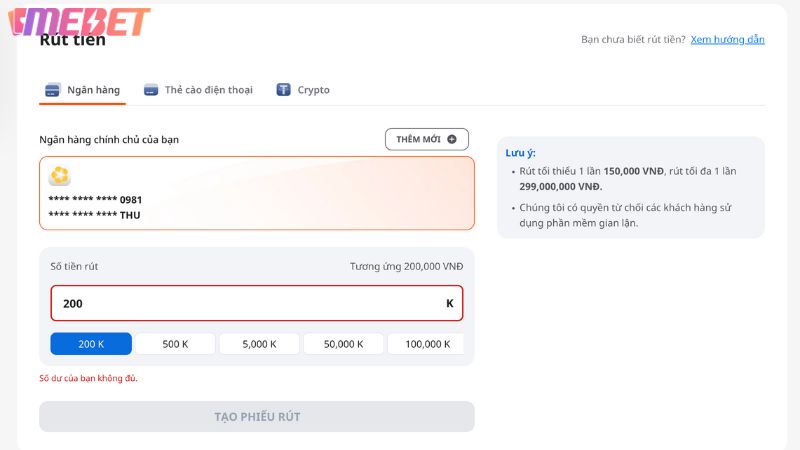 Chi tiết rút tiền Mebet qua tài khoản ngân hàng